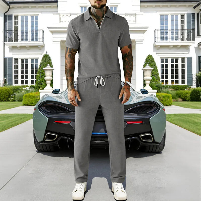 2026 Cross-border Men's Summer Men's Suit Casual Business Trend Corduroy Short Sleeve POLO Pants Suit for Men