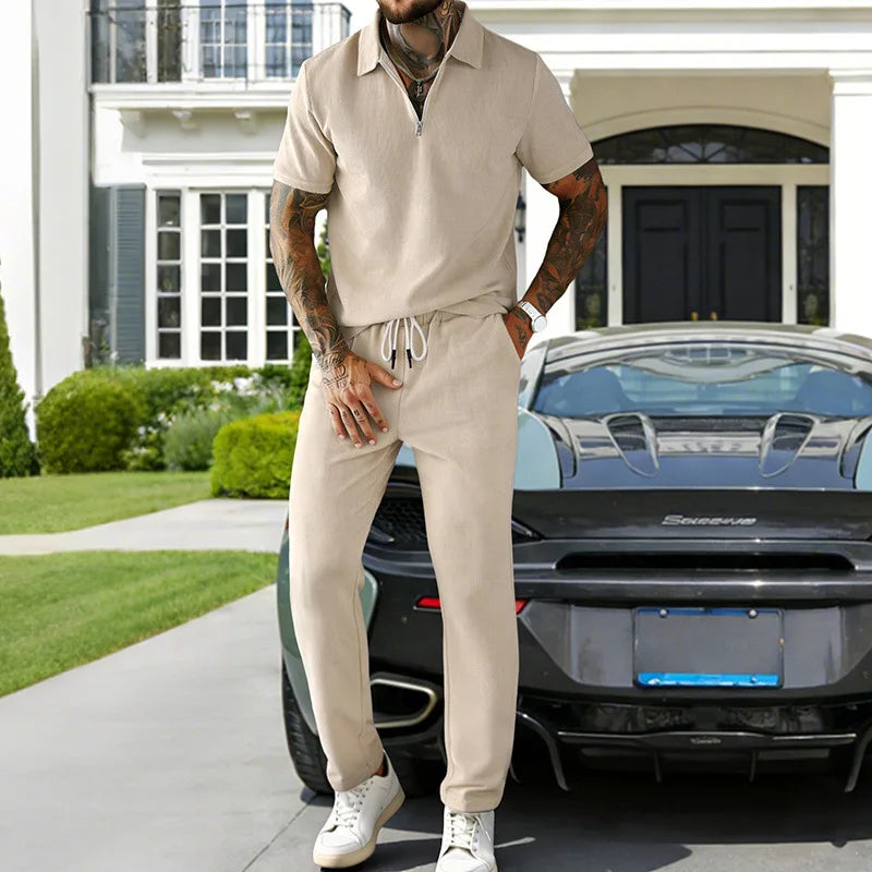 2026 Cross-border Men's Summer Men's Suit Casual Business Trend Corduroy Short Sleeve POLO Pants Suit for Men