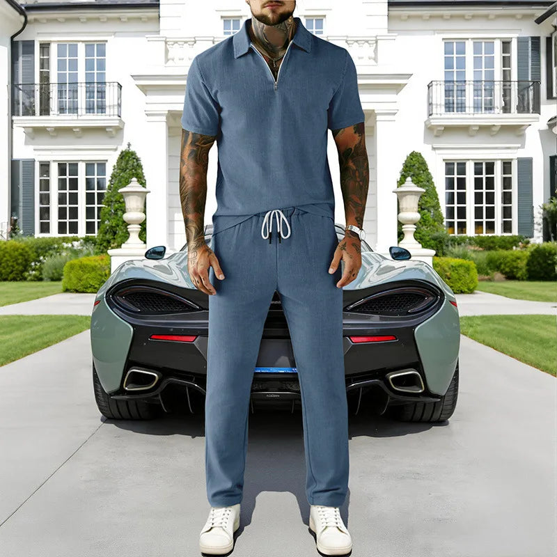 2026 Cross-border Men's Summer Men's Suit Casual Business Trend Corduroy Short Sleeve POLO Pants Suit for Men