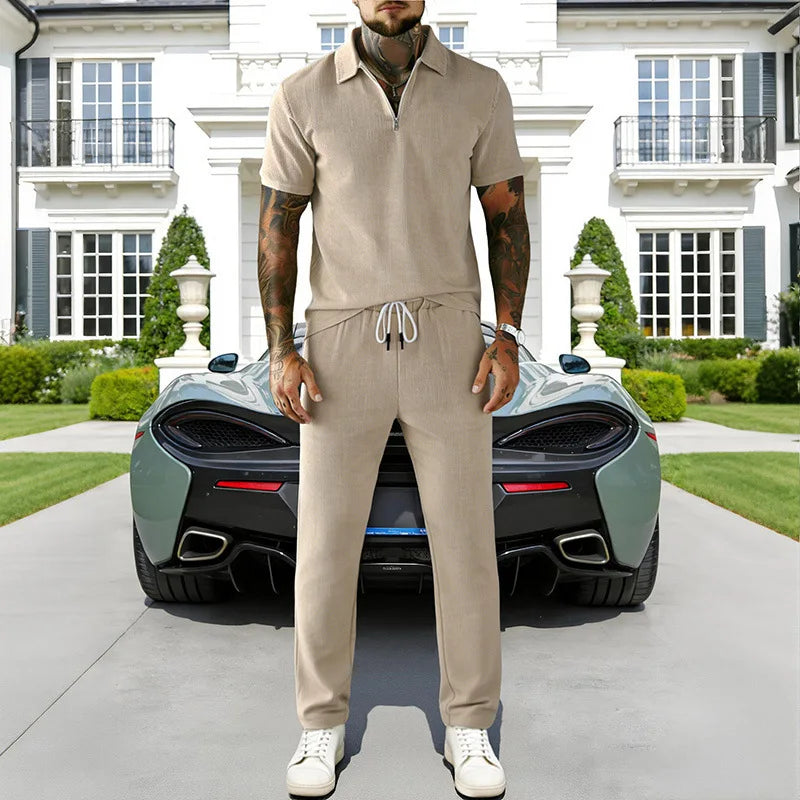 2026 Cross-border Men's Summer Men's Suit Casual Business Trend Corduroy Short Sleeve POLO Pants Suit for Men