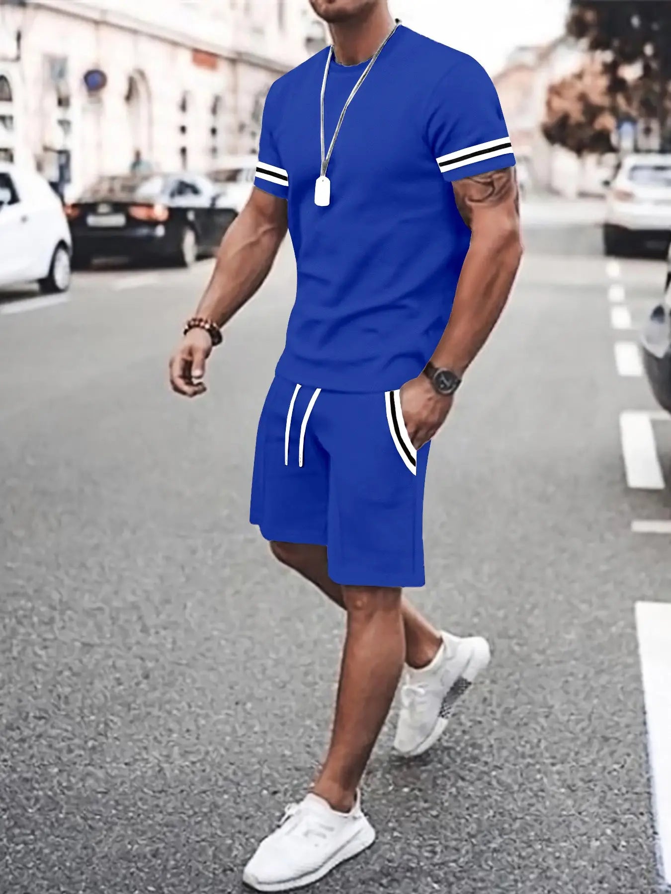 Two-Piece Set Men'S Contrast Binding Tee & Drawstring Waist Shorts Set, Quality and Comfort Casual Short Sleeve round Neck T-Shirt & Pocket Track Shorts, Summer Outfits Clothes Set for Men