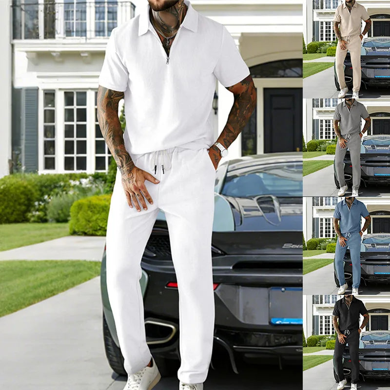 2026 Cross-border Men's Summer Men's Suit Casual Business Trend Corduroy Short Sleeve POLO Pants Suit for Men