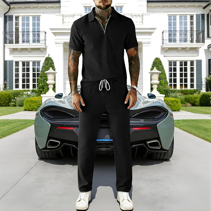 2026 Cross-border Men's Summer Men's Suit Casual Business Trend Corduroy Short Sleeve POLO Pants Suit for Men