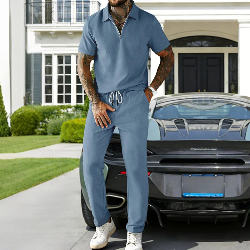 2026 Cross-border Men's Summer Men's Suit Casual Business Trend Corduroy Short Sleeve POLO Pants Suit for Men