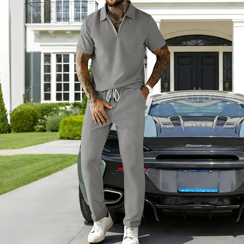 2026 Cross-border Men's Summer Men's Suit Casual Business Trend Corduroy Short Sleeve POLO Pants Suit for Men