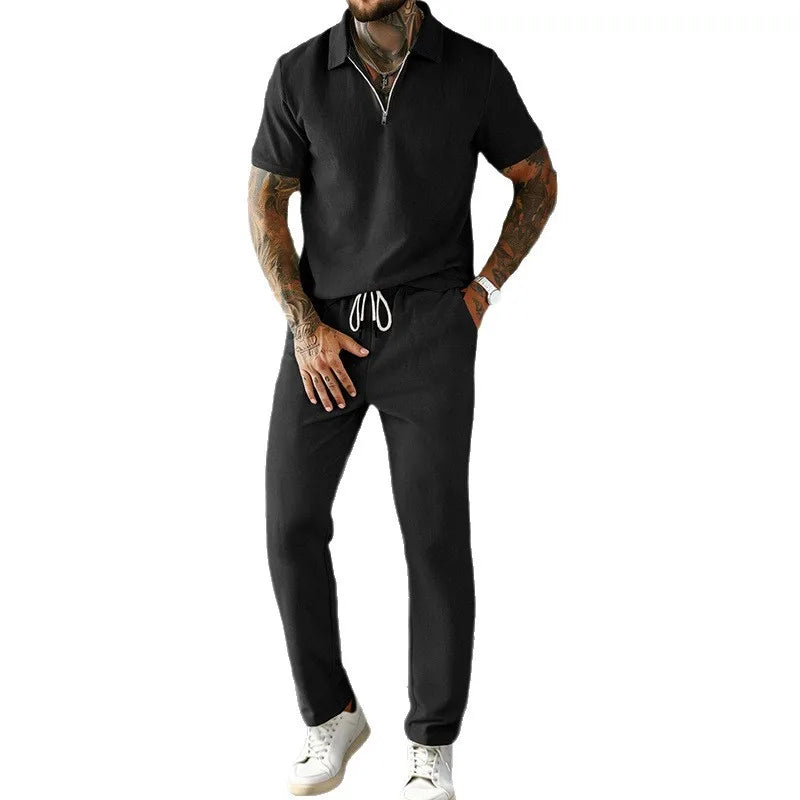 2026 Cross-border Men's Summer Men's Suit Casual Business Trend Corduroy Short Sleeve POLO Pants Suit for Men