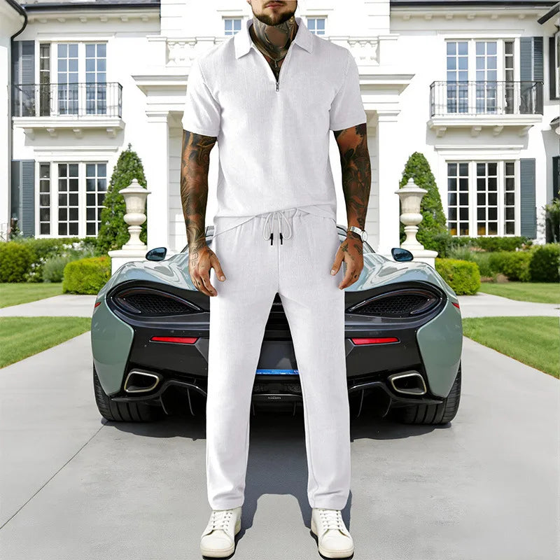 2026 Cross-border Men's Summer Men's Suit Casual Business Trend Corduroy Short Sleeve POLO Pants Suit for Men